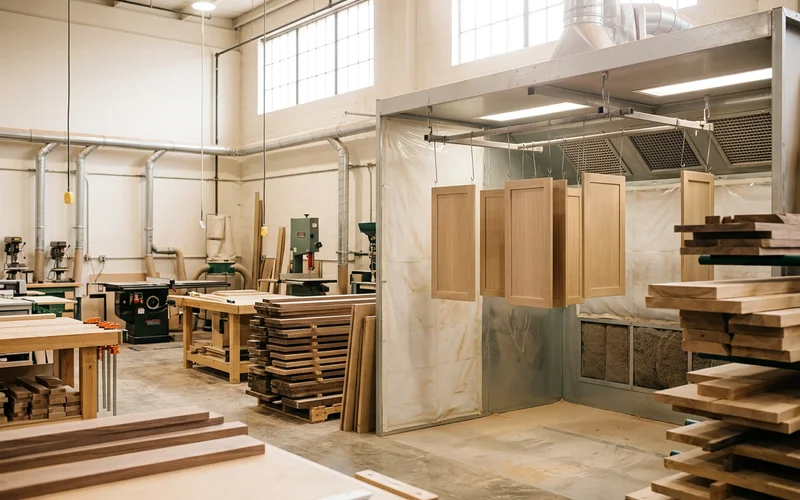 Cabinet doors drying in a spray booth after a Scuffx finish coat