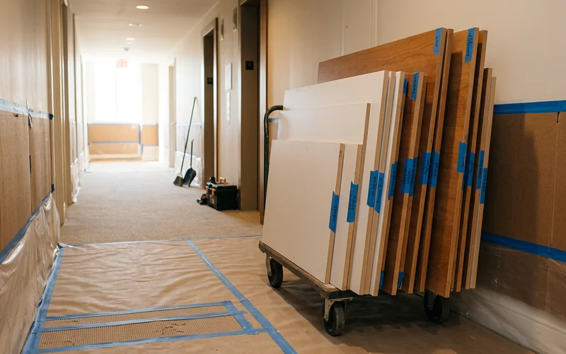 Elevator-fit closet panels stacked on a cart