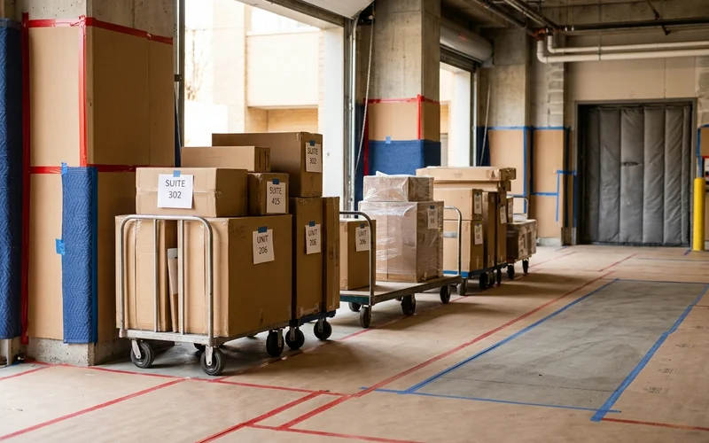 Cabinet boxes labelled by suite number at a condo loading dock
