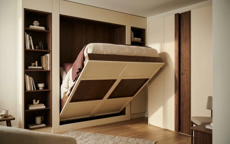 Murphy bed lowering from a painted wall unit with side storage