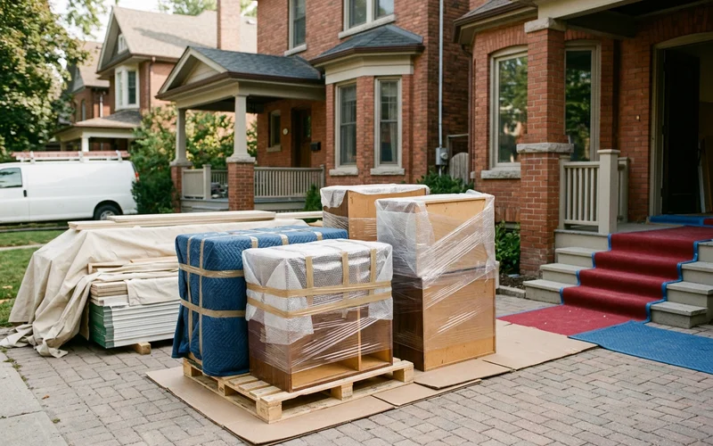 Old cabinets wrapped and stacked for donation