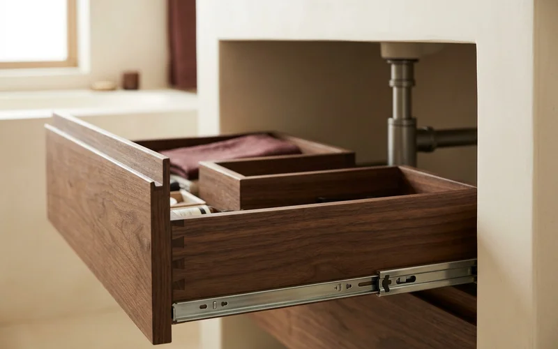 U-shaped vanity drawer wrapping around a sink drain