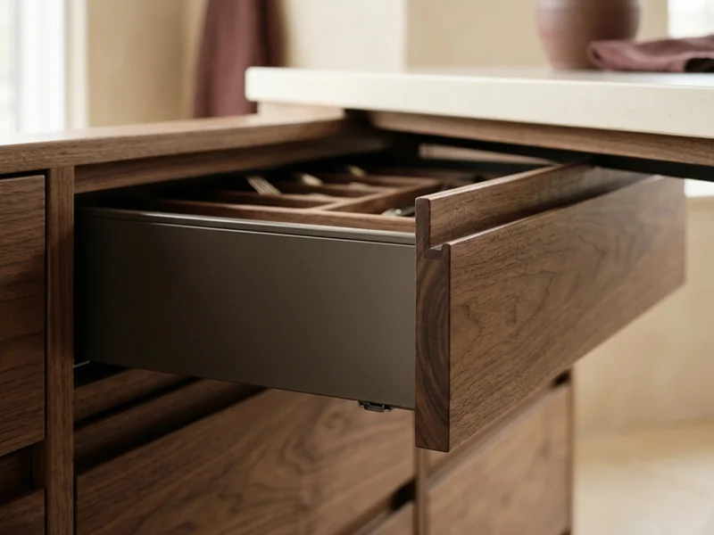 Walnut drawer stack on Blum Legrabox runners in an Angus Glen kitchen