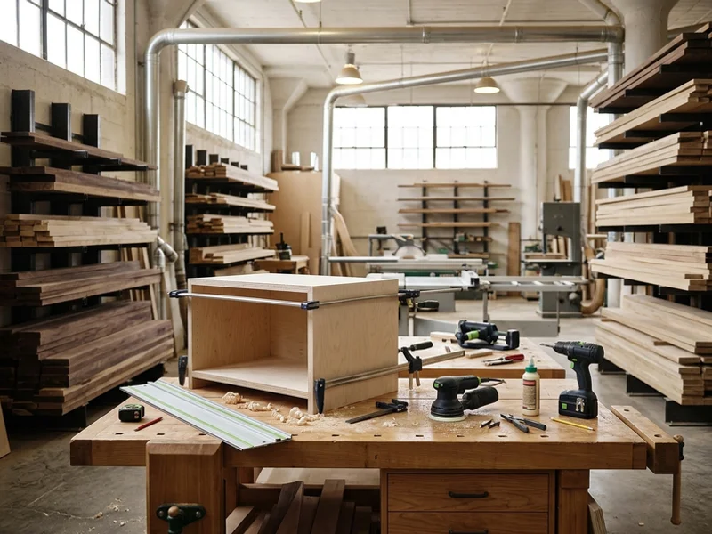 Crew workbench with a half-assembled Baltic Birch box