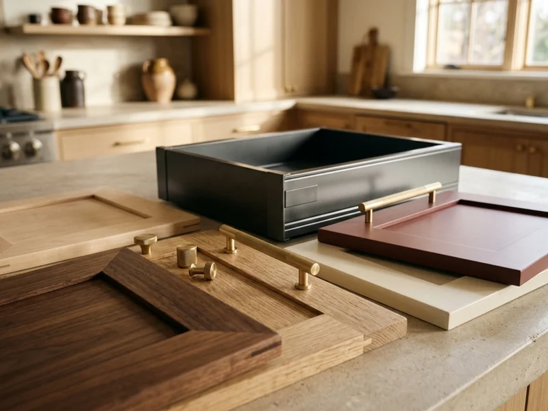 Walnut, white oak, maple and painted poplar door samples with a Blum Legrabox drawer