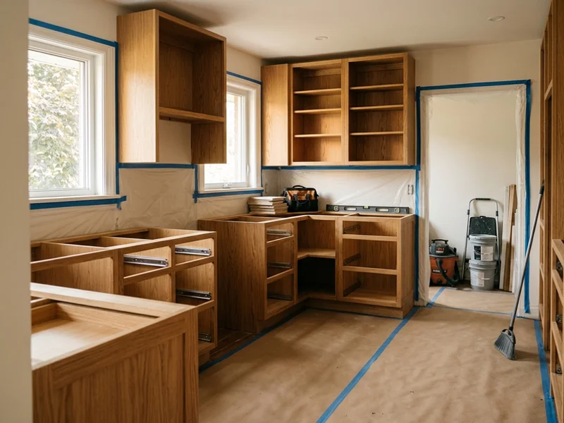 Solid oak cabinet boxes ready for refacing in a Guildwood bungalow