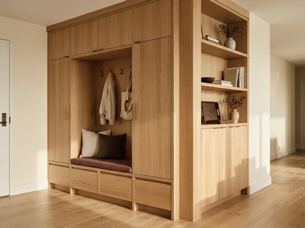 After: shallow white oak entry cabinetry with a bench niche in CityPlace