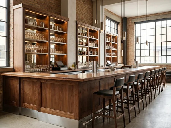 After: walnut bar with stainless kick plates in a King West restaurant