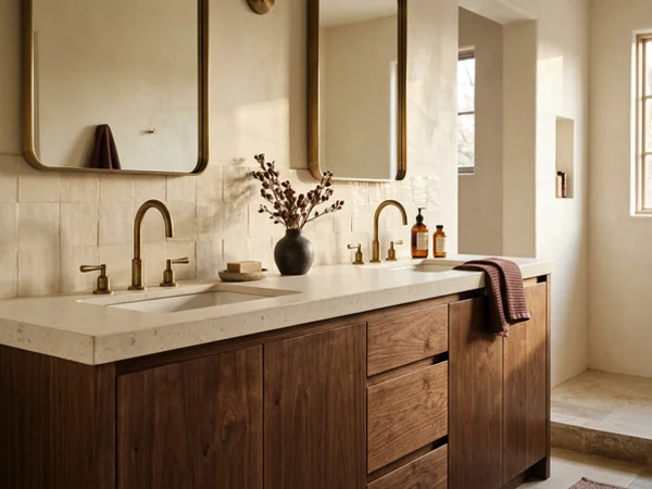 After: walnut double vanity with a Caesarstone top in The Annex