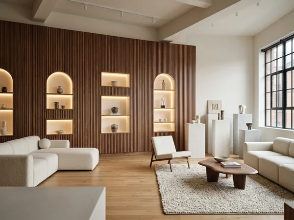 After: furniture showroom with a fluted walnut wall in the Castlefield Design District