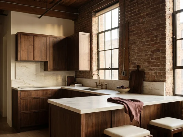 After: installed walnut loft kitchen scribed to brick in Corktown