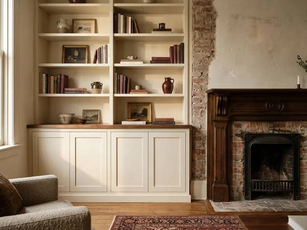 After: painted built-in bookcases around the fireplace in Cabbagetown