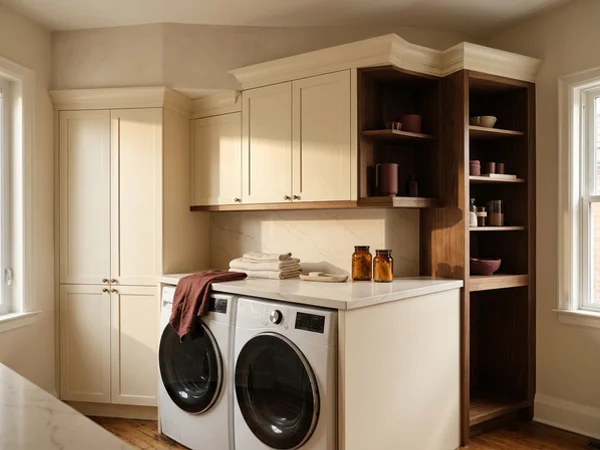 After: painted laundry cabinets stepped under the bulkhead in Roncesvalles