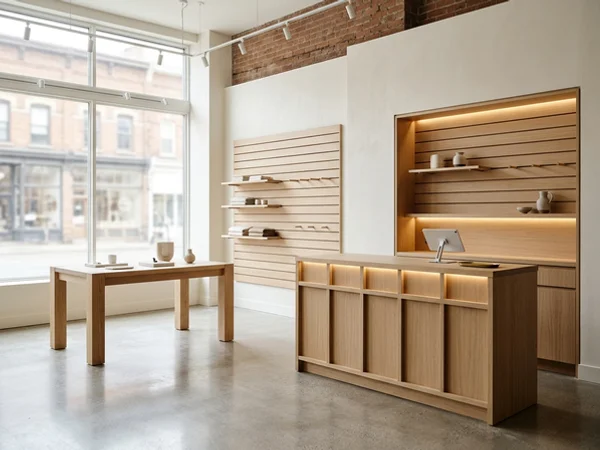 After: Queen West boutique with a white oak cash wrap and displays