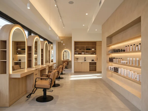 After: salon with white oak stations on the Danforth