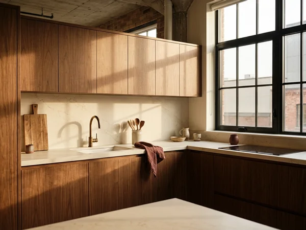 After: walnut L-shape condo kitchen in King West