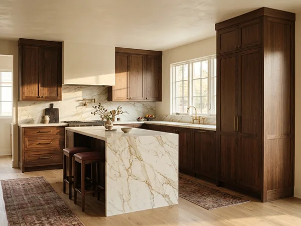 After: walnut Shaker kitchen with Calacatta Gold waterfall island in Rosedale