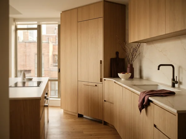 After: white oak condo galley with Dekton counter in Yorkville