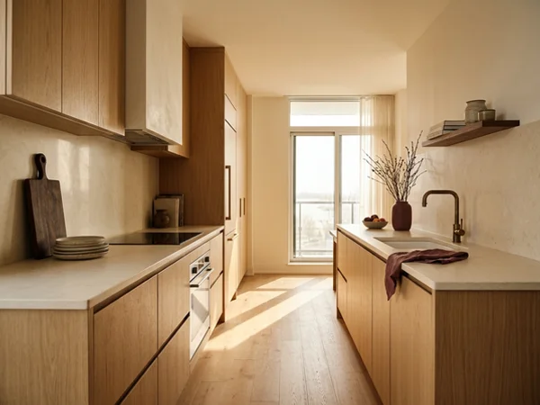 After: white oak condo galley with panel-ready appliances in Harbourfront