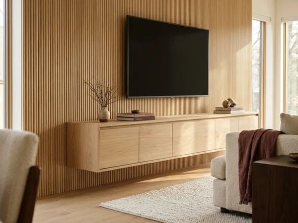 After: white oak fluted feature wall in Trinity Bellwoods
