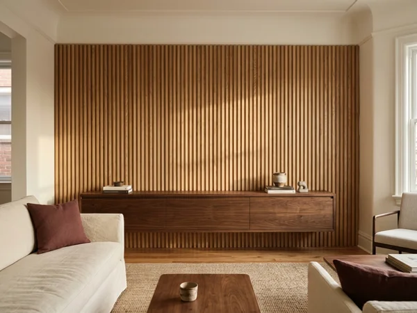 After: white oak fluted feature wall in Trinity Bellwoods