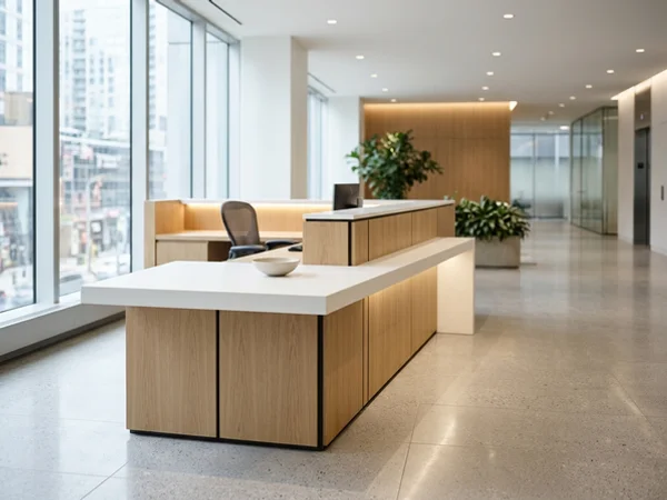 After: white oak reception desk in a Yonge and Eglinton office
