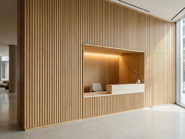 Commercial lobby casework with white oak slats
