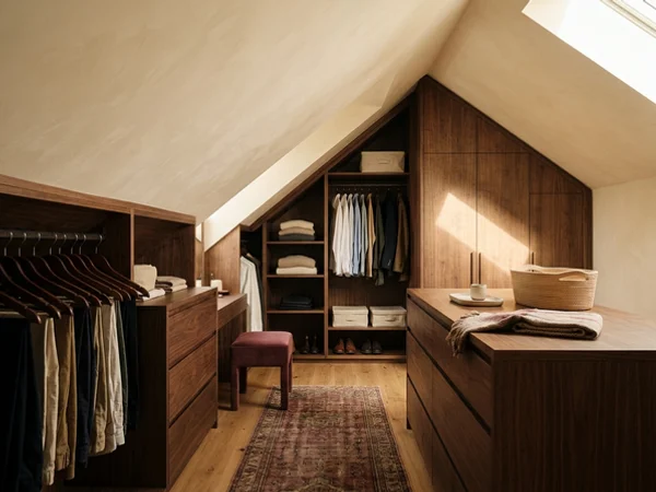 Attic walk-in closet under a sloped ceiling