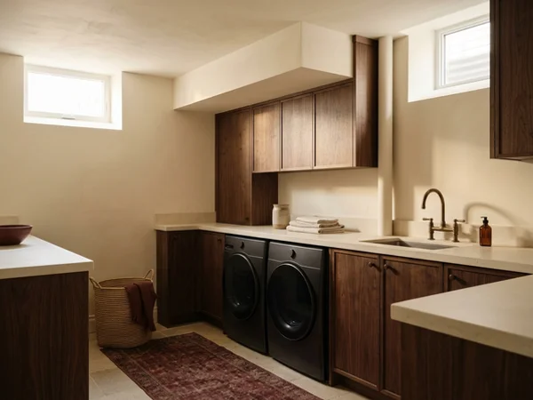Basement laundry cabinets scribed around a bulkhead