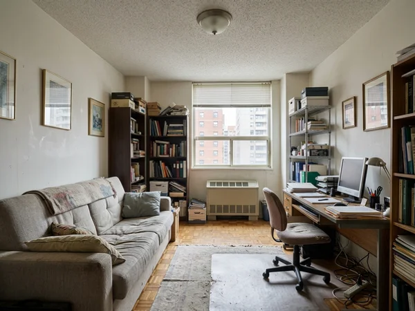 Before: crowded condo den near St. Lawrence Market