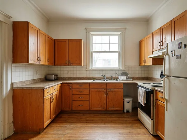Before: dated honey oak Shaker kitchen in Rosedale