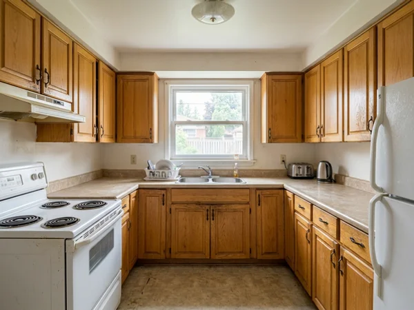 Before: dated oak Shaker kitchen in Scarborough Village