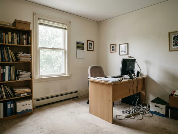 Before: flat-pack desk and tangled cables in a Forest Hill bedroom office