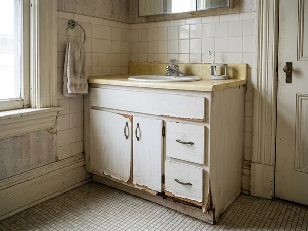 Before: swollen particleboard vanity in The Annex