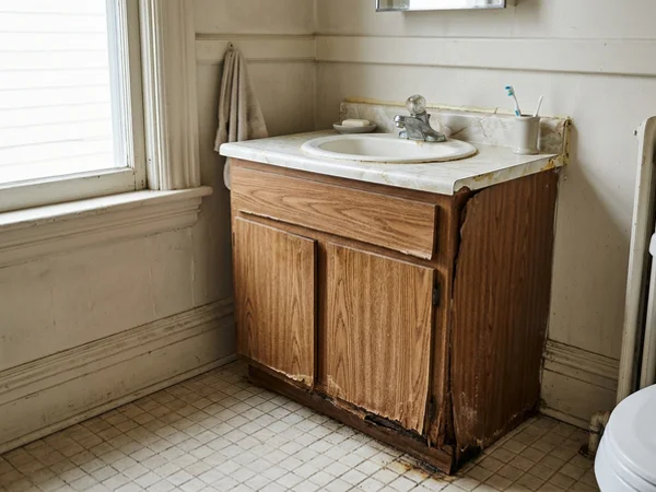 Before: swollen particleboard vanity in The Annex