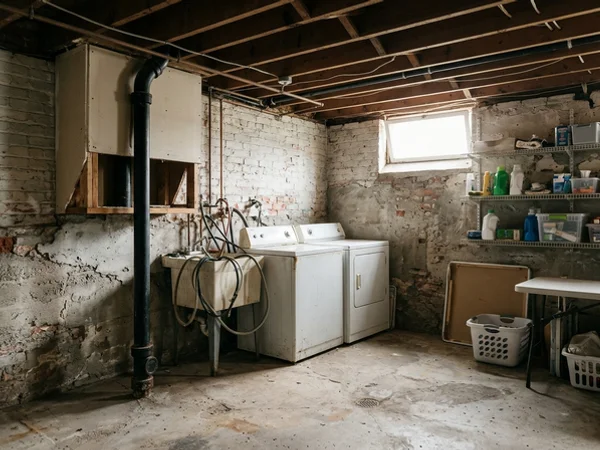 Before: unfinished basement laundry with an exposed stack in Roncesvalles