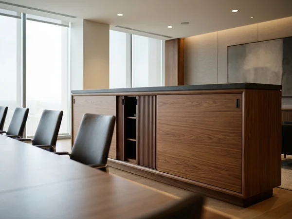 Walnut veneer boardroom credenza with AV storage