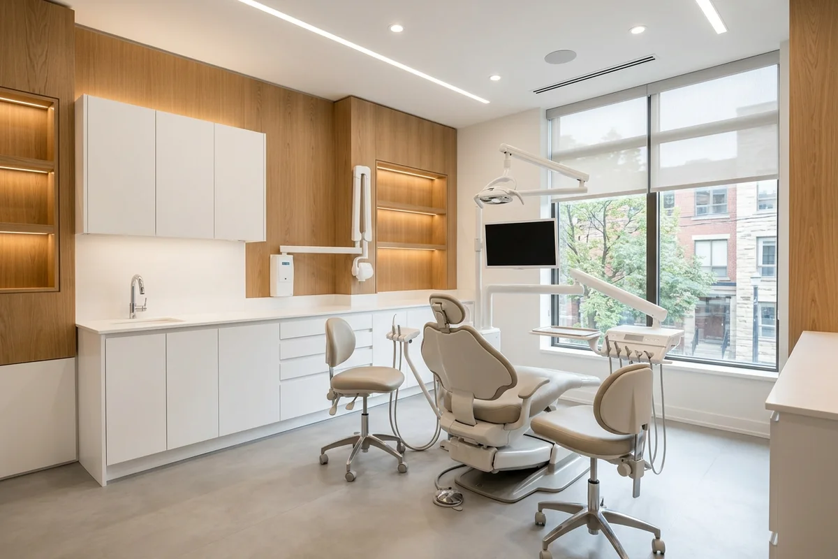 Dental operatory with white HPL cabinetry and solid surface counters
