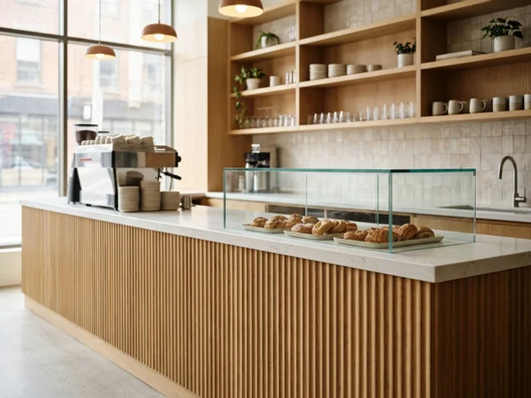 White oak fluted cafe counter with a pastry display