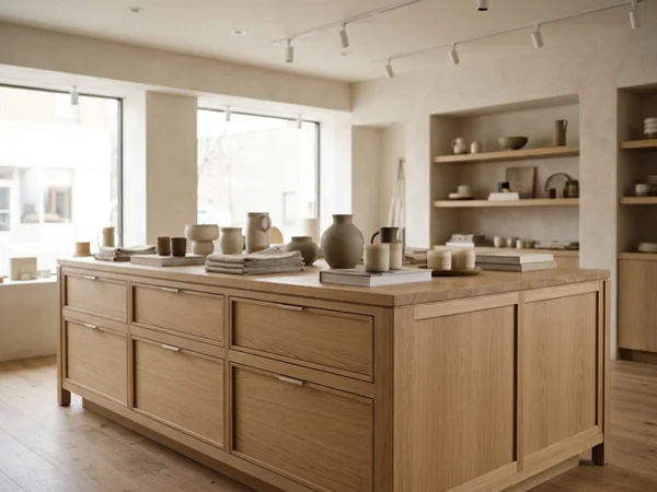 White oak display table with stock drawers