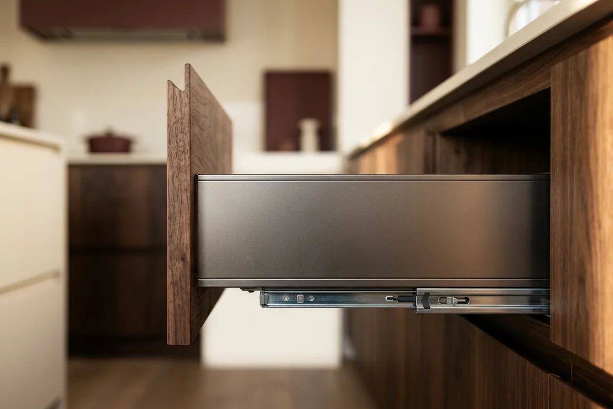 Blum Legrabox drawer fully extended in a walnut cabinet