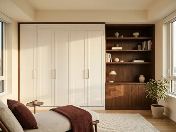 Closed Murphy bed wall unit in matte white