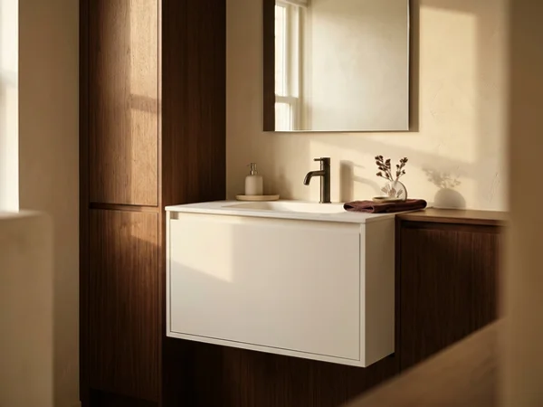 Compact floating condo vanity in matte white