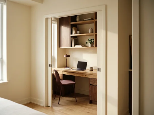 Closet office conversion with pocket doors