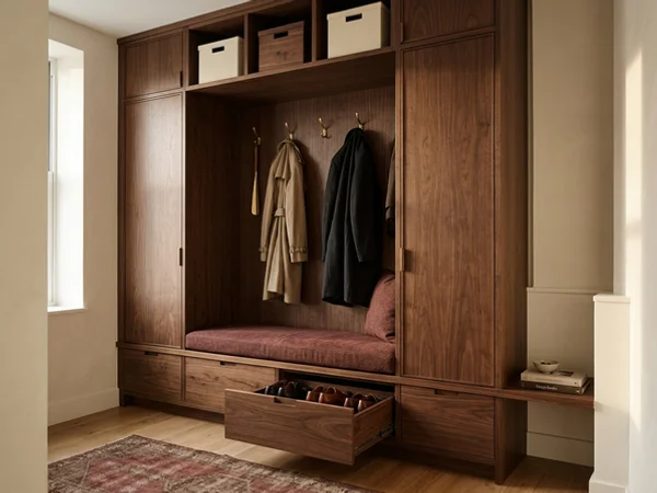 Condo entry coat closet with shoe pull-outs