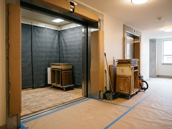 Padded freight elevator for cabinet removal