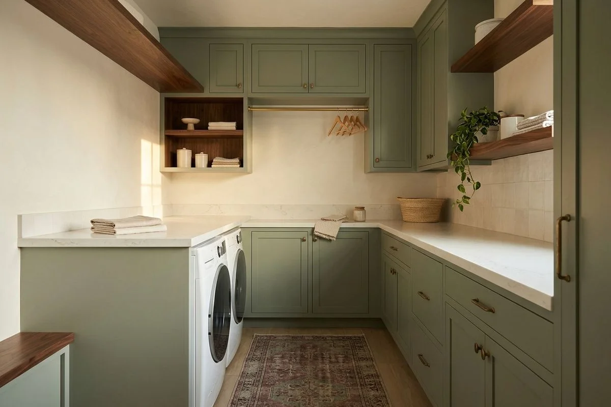 Painted laundry room cabinets with a quartz folding counter over front-load machines