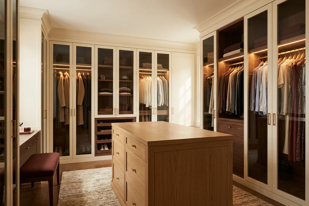 Custom walk-in closet with a white oak drawer island and LED-lit rods