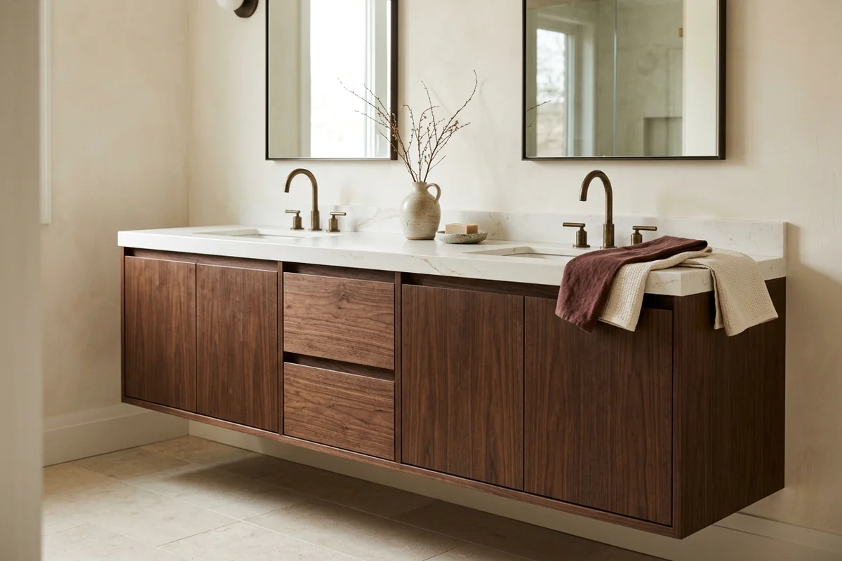 Custom walnut floating double vanity with a white quartz top in a Toronto bathroom