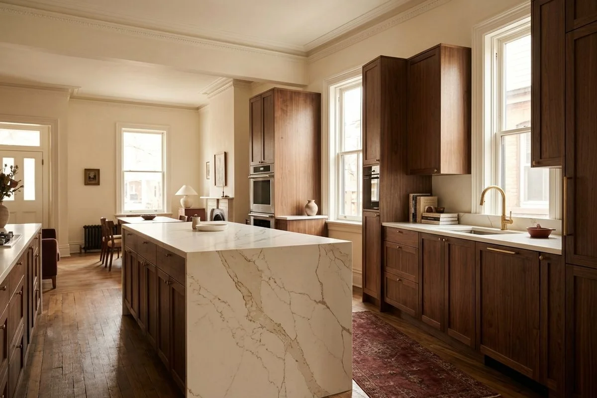 Custom walnut Shaker kitchen with a Calacatta Gold quartz waterfall island in a Toronto home